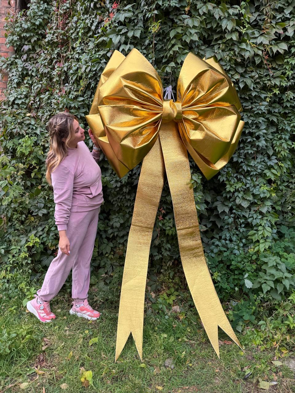 Giant gold bow 50 inch with 78 inch long tails, large decorative bow for Christmas, wedding, gift wrapping, party or event decor