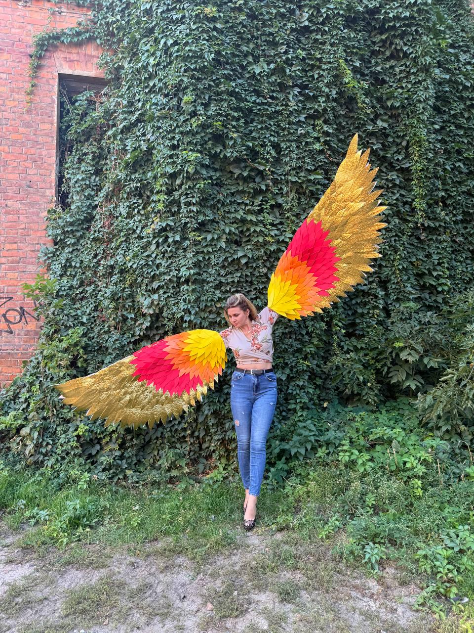 May include: Large, gold-colored costume wings with red, orange, and yellow accents. The wings are spread wide, showcasing the vibrant colors and feathery design. The wings are a costume accessory.