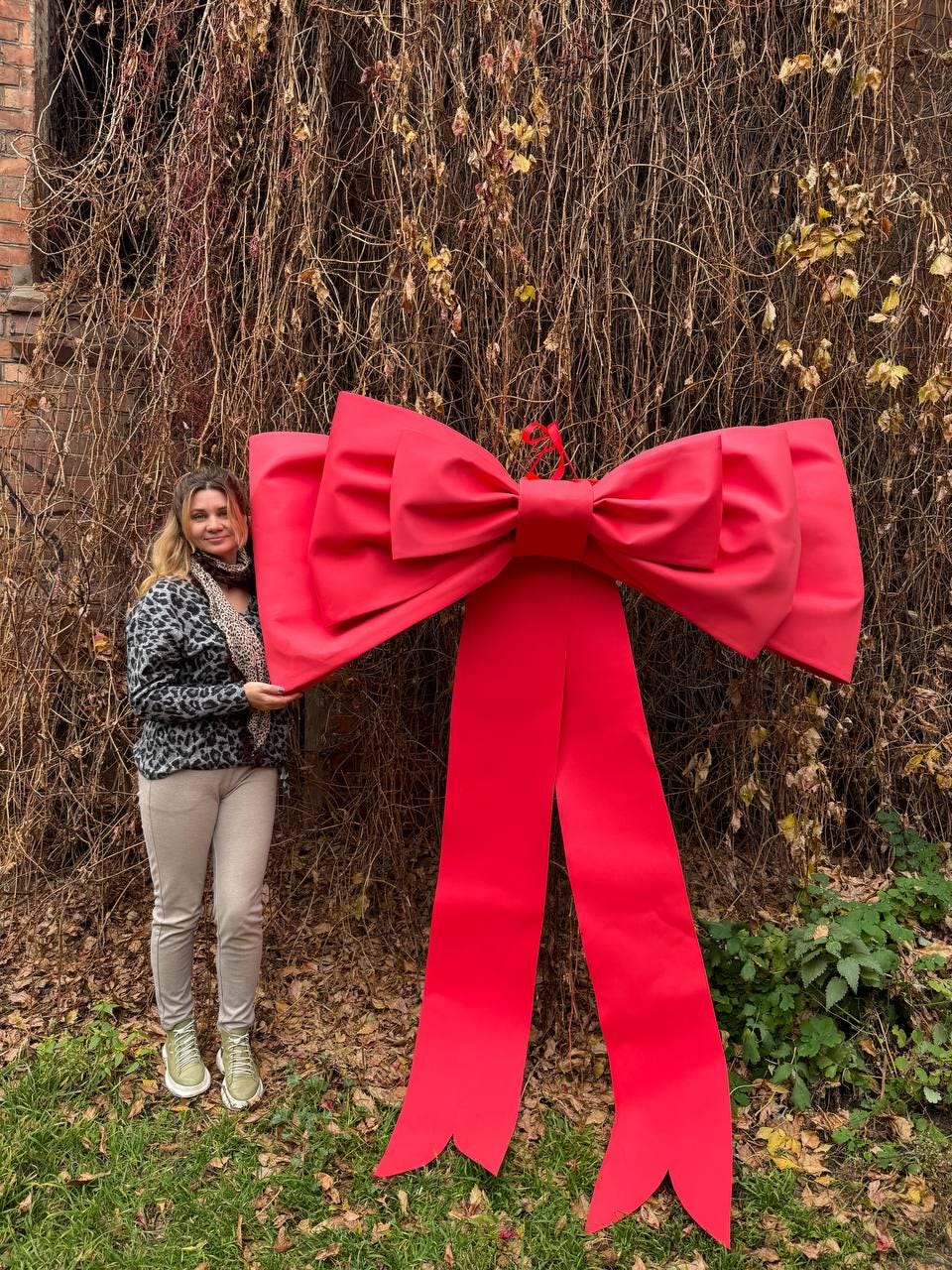 May include: A large, bright red bow with long, flowing ribbons. The bow is made of a smooth material and is displayed outdoors. The bow is a festive decoration, perfect for holiday or special event decor.