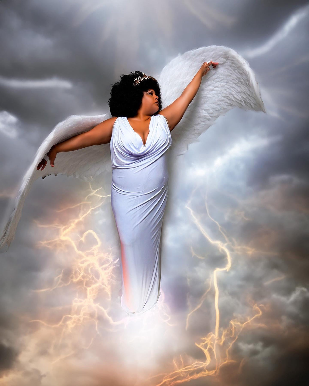 May include: A person wearing a white dress and angel wings, with a gold crown, against a cloudy sky with lightning. The person is raising their right arm, with the wings spread out behind them.
