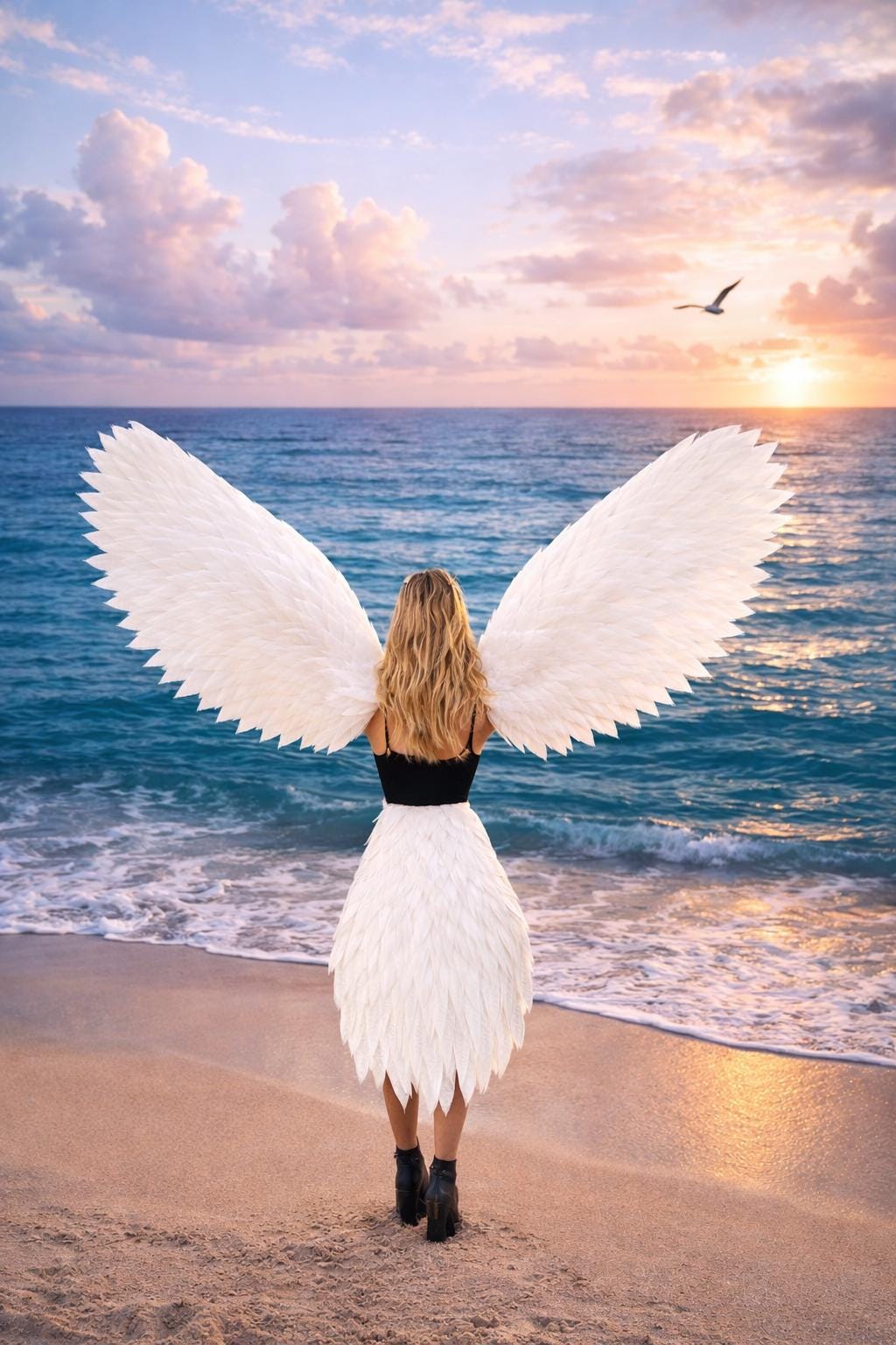 May include: A person wearing a black top and white feathered skirt, with large white feathered wings, stands on a beach. The ocean and sunset are in the background. A bird flies in the sky.
