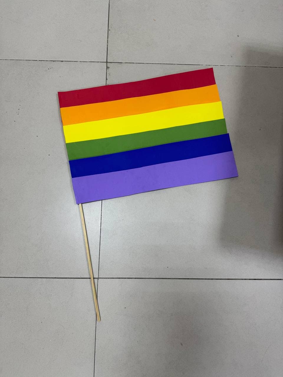 May include: A rainbow flag with red, orange, yellow, green, blue, and purple stripes. The flag is mounted on a thin wooden stick, suitable for display or decoration. The flag is a symbol of LGBTQ+ pride.