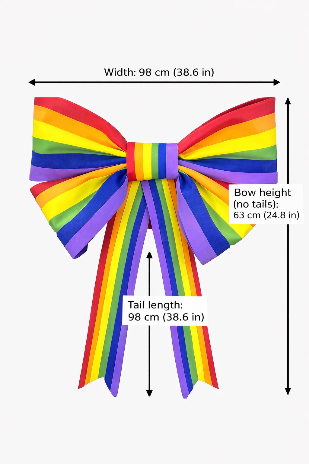 May include: A large rainbow-colored bow with a width of 38.6 inches, a height of 24.8 inches, and a tail length of 38.6 inches. The bow features a vibrant spectrum of colors, including red, orange, yellow, green, blue, and purple. The bow is a decorative item.