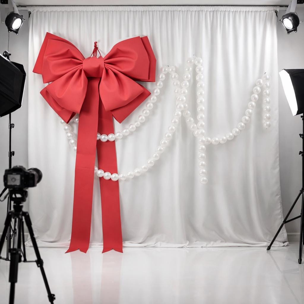 May include: A large red bow with long ribbons hangs against a white backdrop, adorned with a string of white pearls. The bow is the focal point, with a camera and lighting equipment visible in the foreground, suggesting a studio setting.