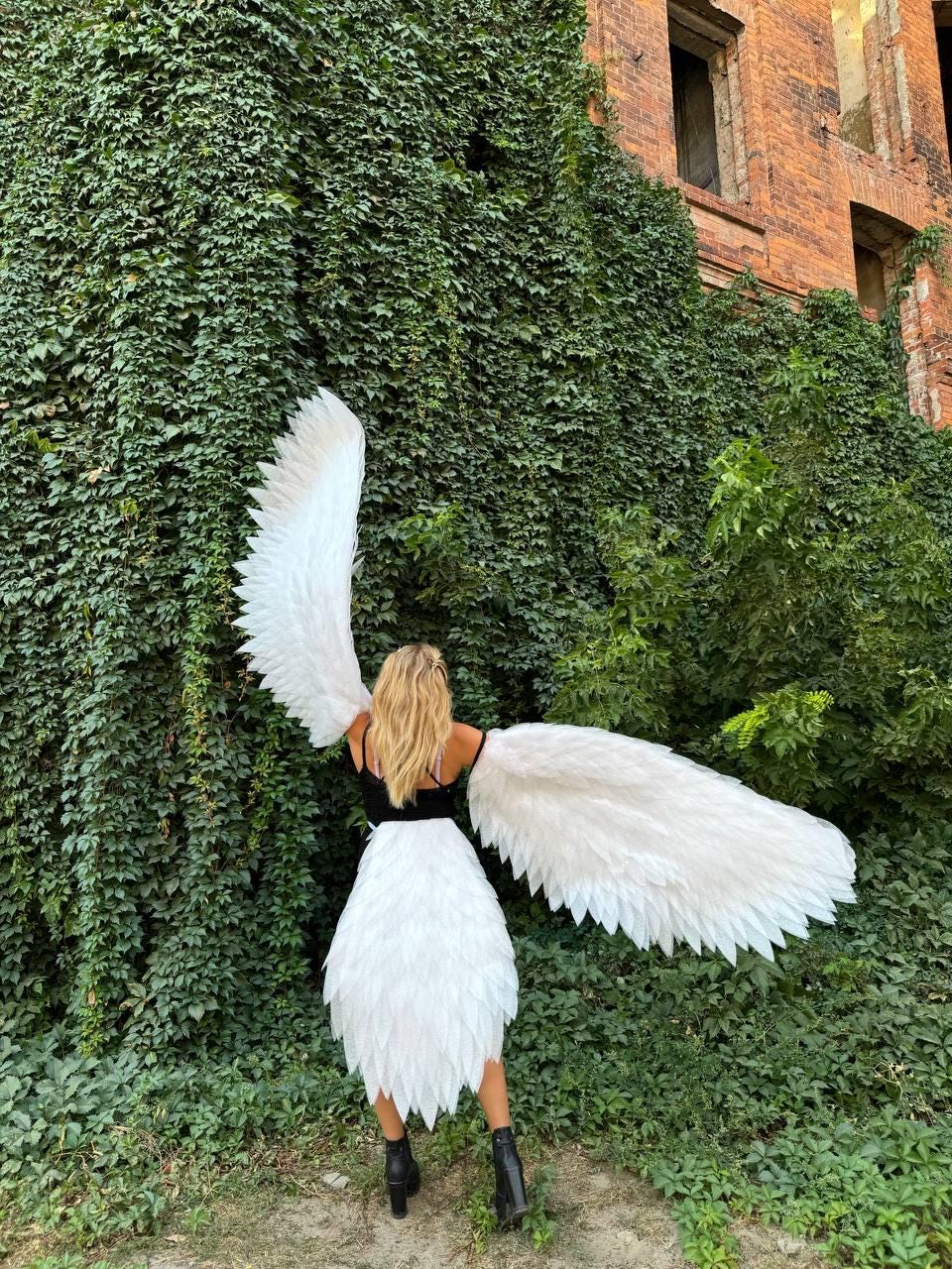 White Angel Wings Costume – Moveable Bird Wings for Women Children, Festival Dance  Cosplay