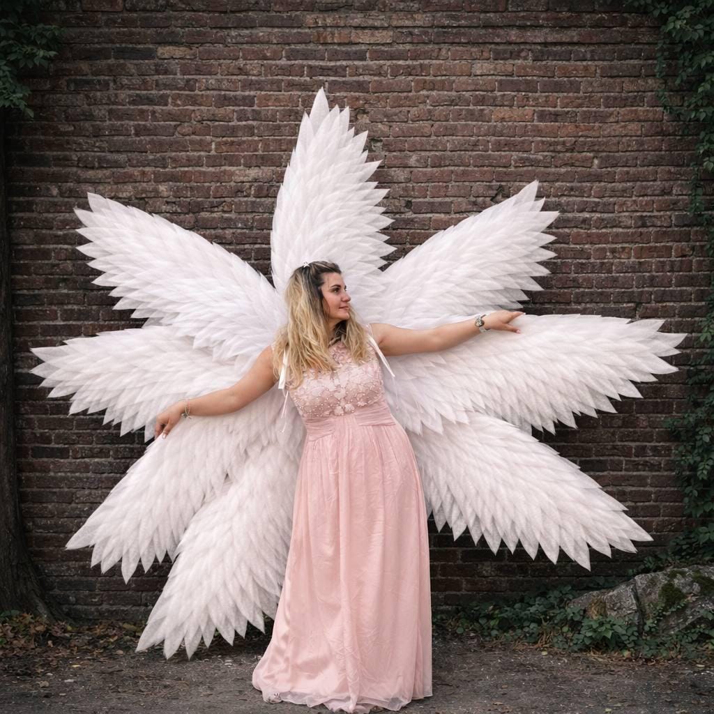 May include: A woman wearing a pink dress and large white angel wings stands in front of a brick wall. The wings are made of layered white feathers. The dress has a lace bodice and a flowing skirt.