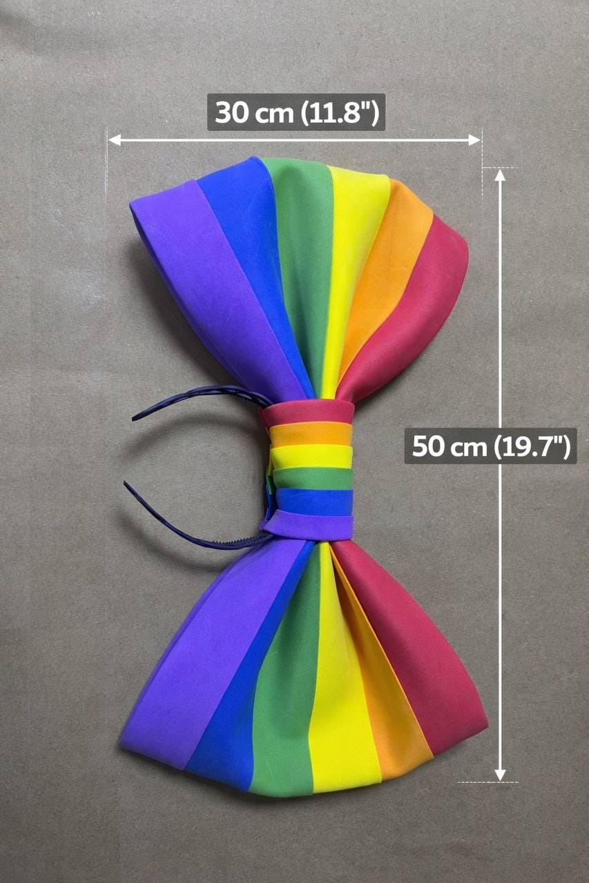 May include: A large, colorful rainbow bow, 30 cm (11.8") wide and 50 cm (19.7") long. The bow features a spectrum of colors, including purple, blue, green, yellow, orange, and red. The bow is tied in the center with a matching rainbow band.