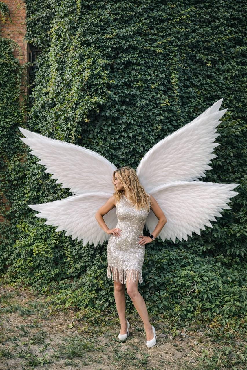 May include: A woman wearing a silver sequined dress with fringe and white heels, posing in front of a wall of green foliage. Large white feathered angel wings are attached to the back of the dress.