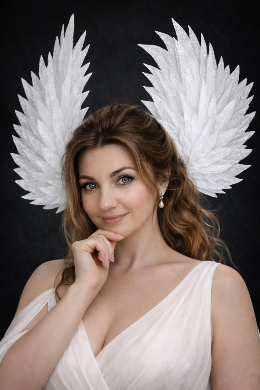 May include: A woman wearing a white dress and large, glittery white angel wings. The wings are positioned behind her head, creating a halo effect. She has long, wavy brown hair and is wearing a pearl earring.