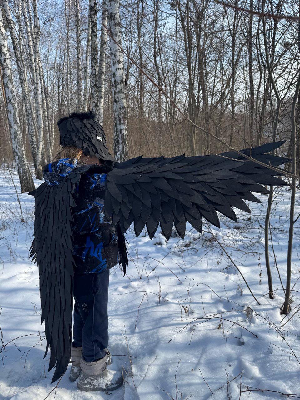 May include: A person wearing a black raven costume with large, layered wings and a matching headpiece. The costume is made of dark material and is worn in a snowy, wooded area. The wings are spread out, and the person is facing away from the camera.