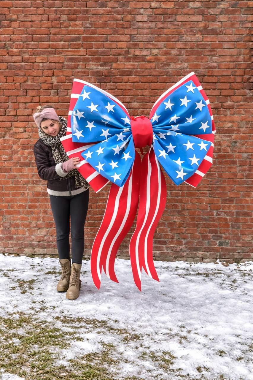 May include: A large decorative bow in patriotic colors, featuring a blue center with white stars and red and white striped ribbons. The bow is displayed against a brick wall, evoking a festive, celebratory theme.