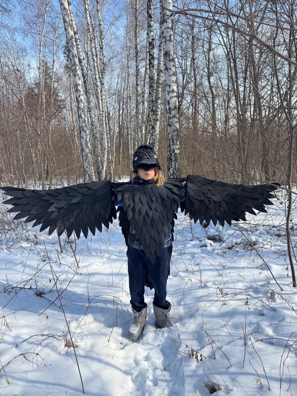 May include: A person wearing a black raven costume with large, feathered wings, a matching hat, and dark clothing. The costume is worn in a snowy forest setting, with bare trees in the background. The wings are spread wide.