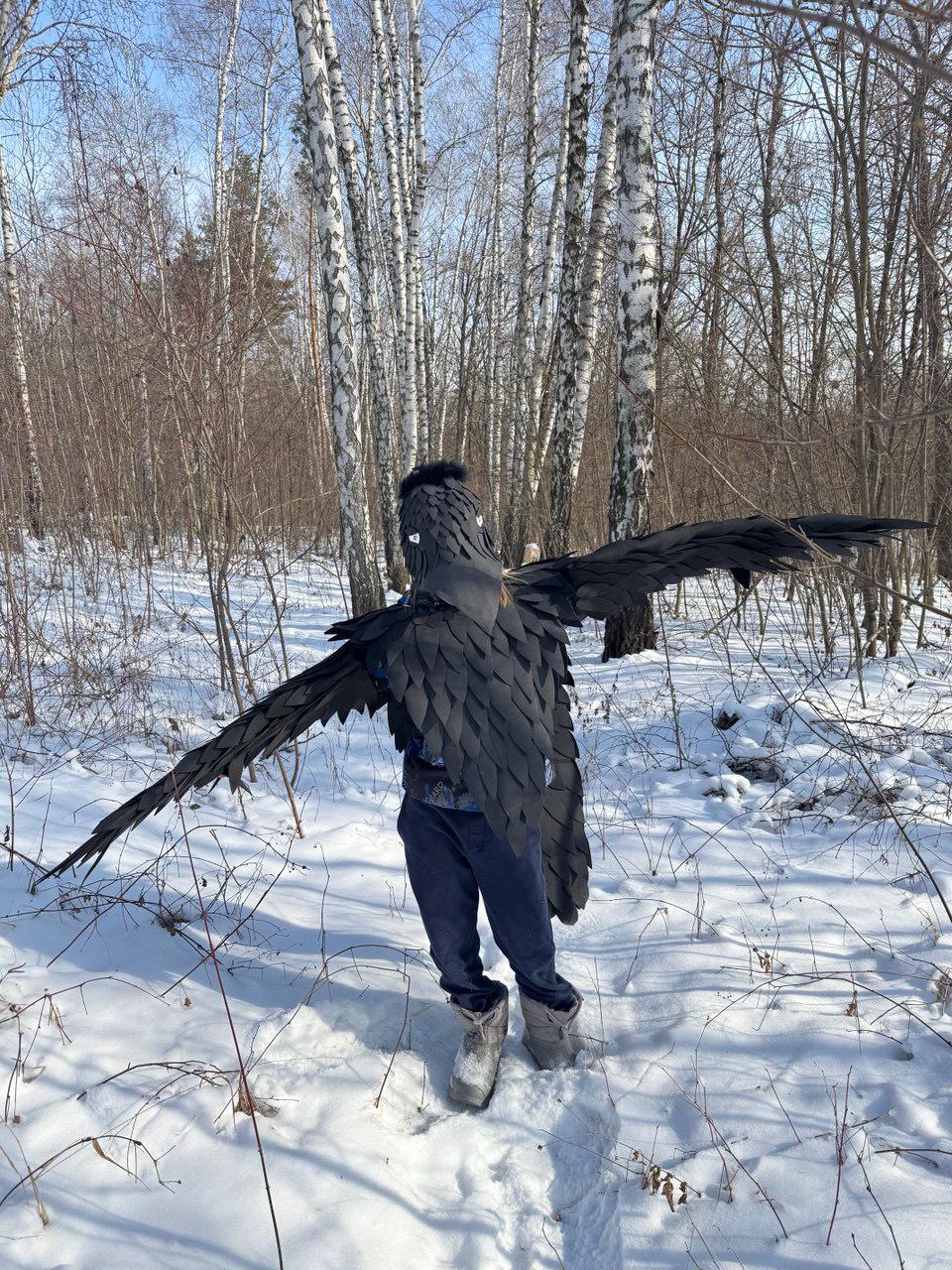 May include: A person wearing a black raven costume with large, outstretched wings. The costume features layered, textured feathers. The person is standing in a snowy forest, surrounded by bare trees and a bright sky.