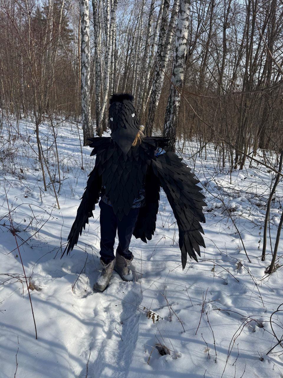 May include: A person wearing a black raven costume with large, feathered wings stands in a snowy forest. The costume includes a headpiece with a beak and eye details, and the wings are spread out.