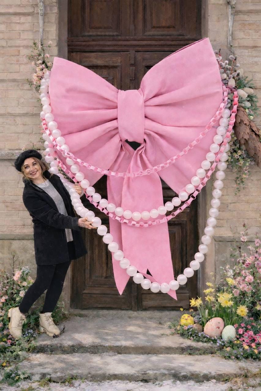 May include: A large pink bow decoration hangs on a wooden door, adorned with white pearl garlands. The bow is the focal point, with a woman standing nearby. The scene is decorated with flowers and Easter eggs, suggesting a festive theme.