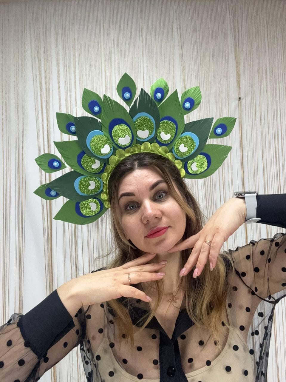 Peacock Headpiece Crown – Green Festival Costume Hat, Elven Fantasy Feather Headband image 9