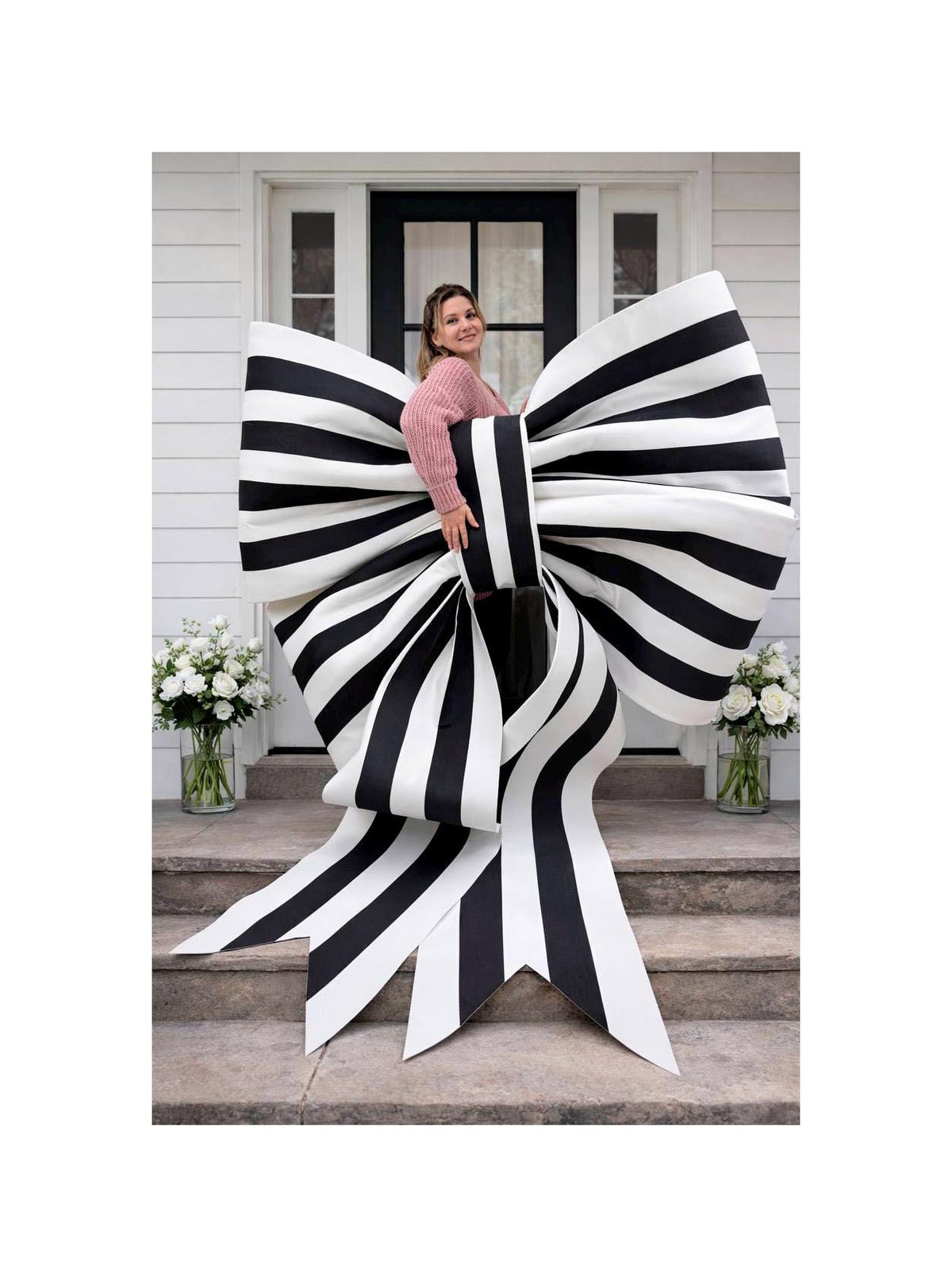 Giant black and white striped bow, handmade wedding wall decoration, huge bow for holiday decoration image 1