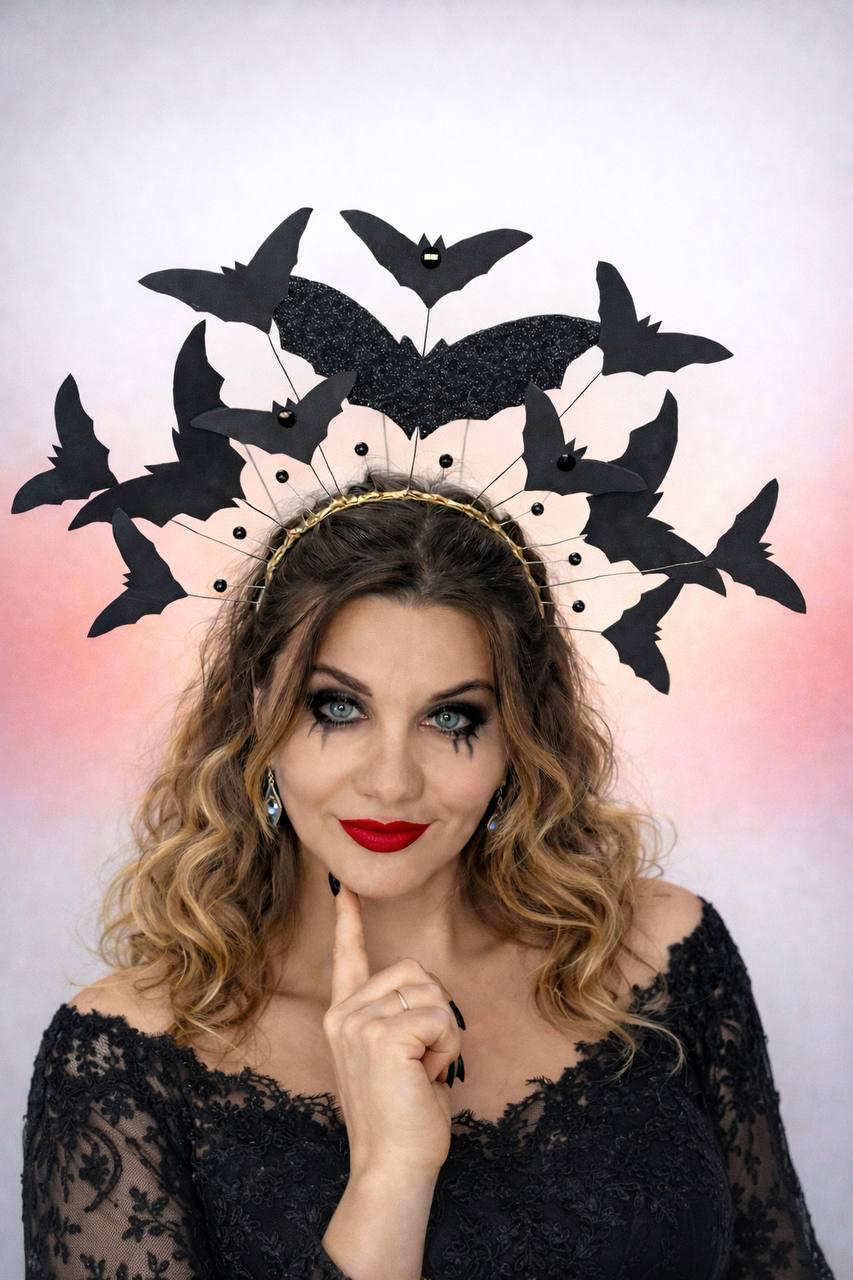 May include: A black bat-themed headpiece with a gold-colored wire frame. The headpiece features numerous black bat cutouts and small black beads. The woman in the image is wearing a black lace top and red lipstick, with dark eye makeup.