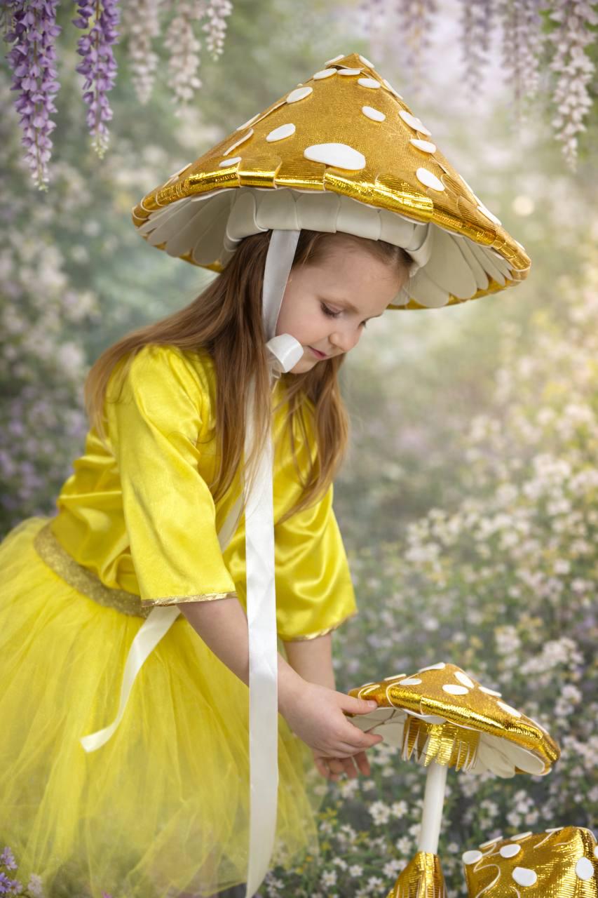 Mushroom hat, large gold mushroom hat with white dots with ribbons for adults or children image 2