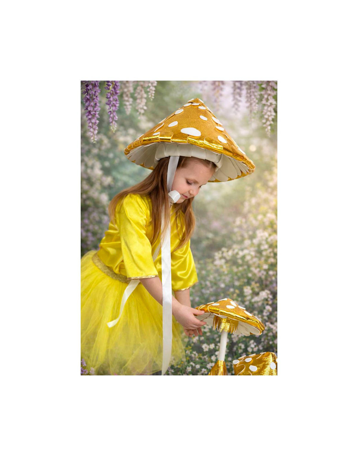 Mushroom hat, large gold mushroom hat with white dots with ribbons for adults or children