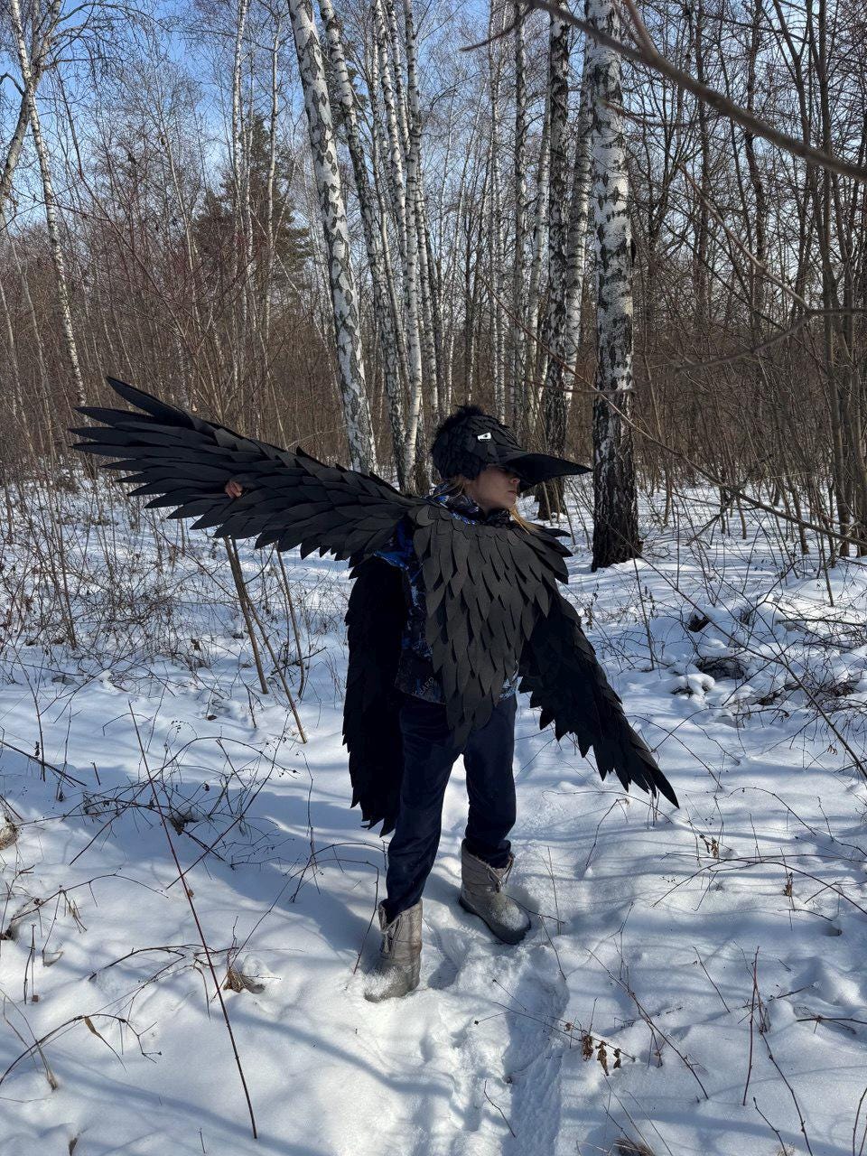 May include: A person wearing a black crow costume with large, feathered wings and a beak-shaped hat, standing in a snowy forest. The costume is made of dark material, contrasting with the white snow and the birch trees in the background.