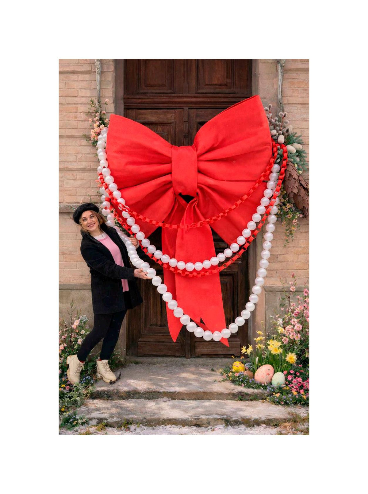 May include: A large, vibrant red bow adorns a wooden door, complemented by a white beaded garland. The bow is the focal point, with a woman standing nearby. The scene is decorated with flowers and Easter eggs.