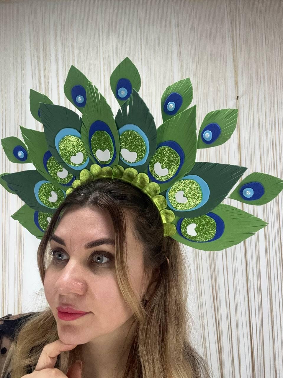 Peacock Headpiece Crown – Green Festival Costume Hat, Elven Fantasy Feather Headband image 6