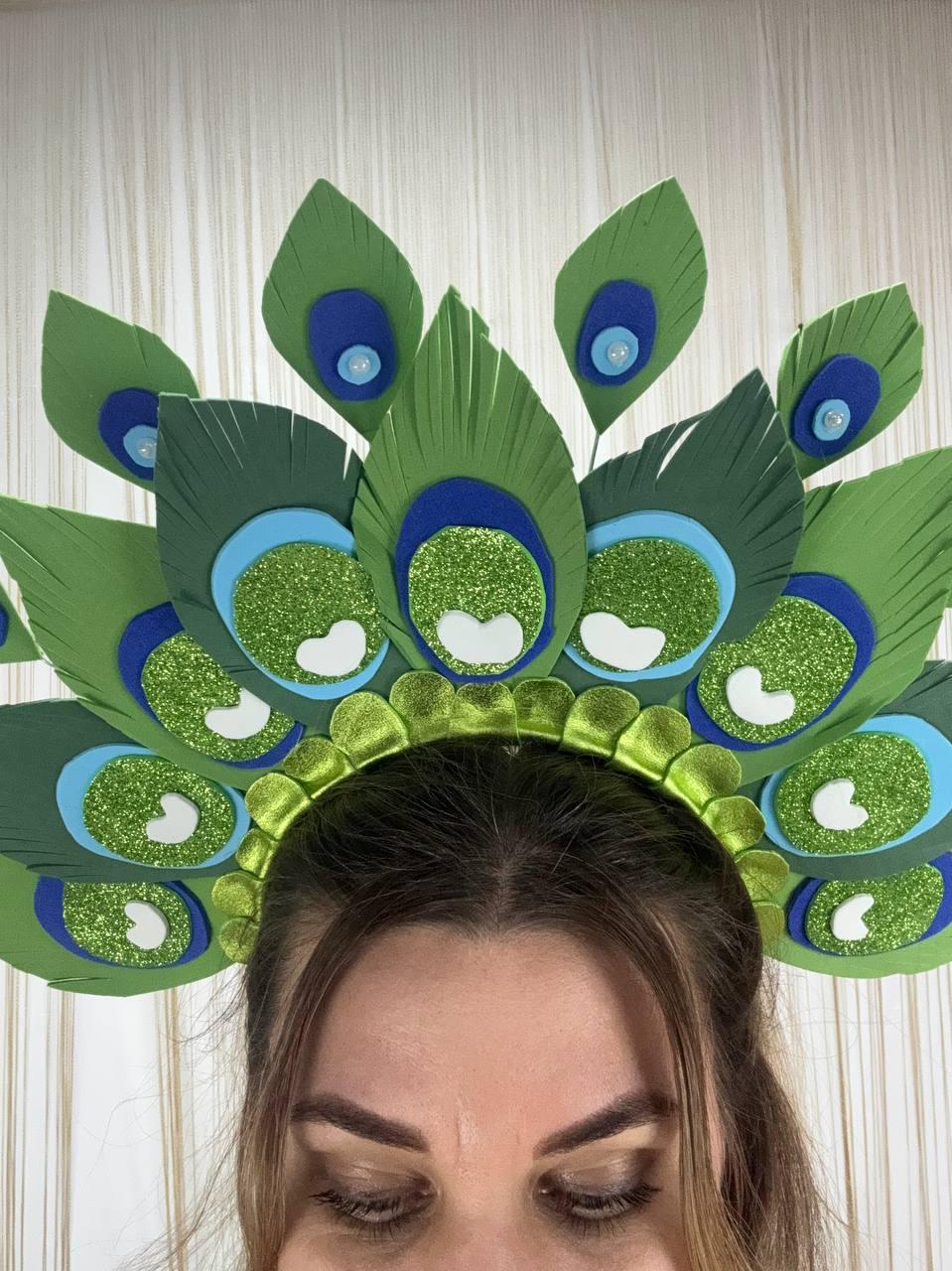 Peacock Headpiece Crown – Green Festival Costume Hat, Elven Fantasy Feather Headband image 5