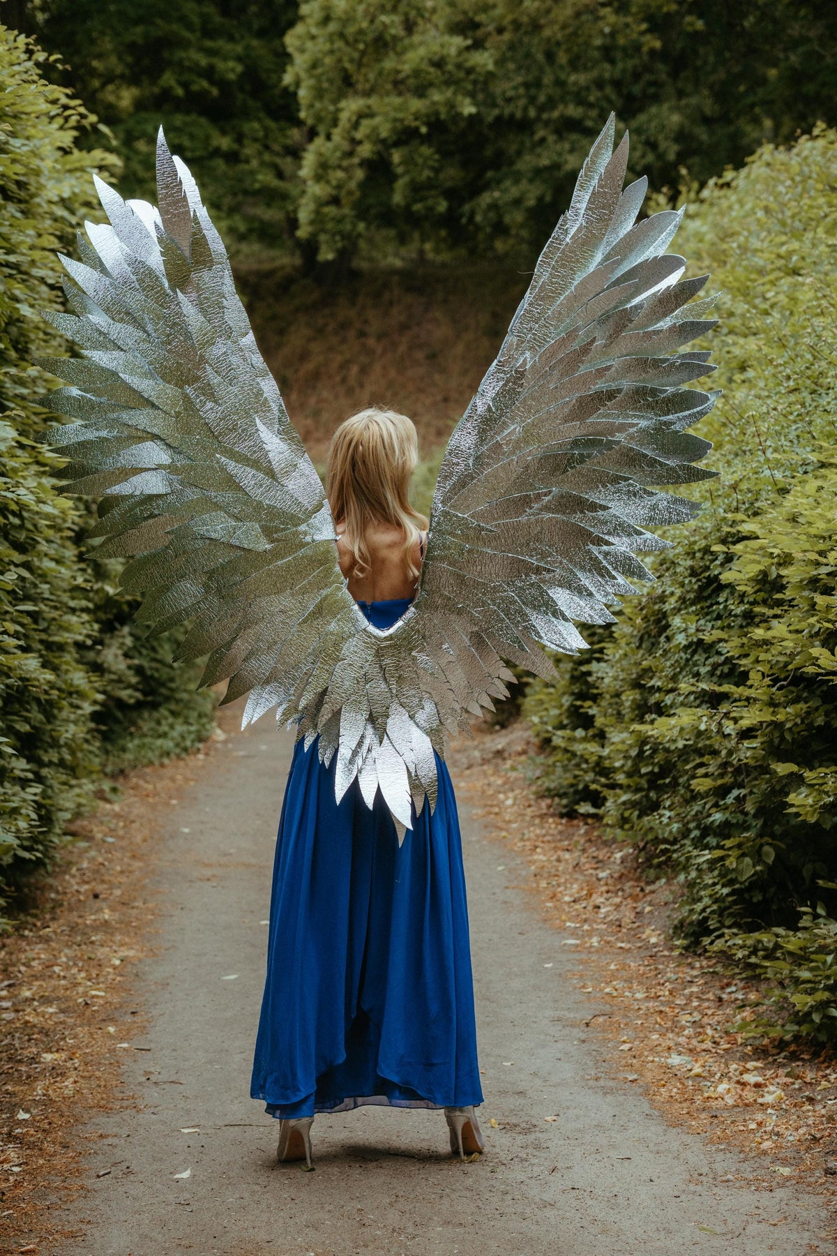 May include: A person wearing large, silver angel wings and a long, blue dress stands on a path in a park. The wings are detailed with textured, metallic material. The dress is a vibrant blue, and the scene is set outdoors.