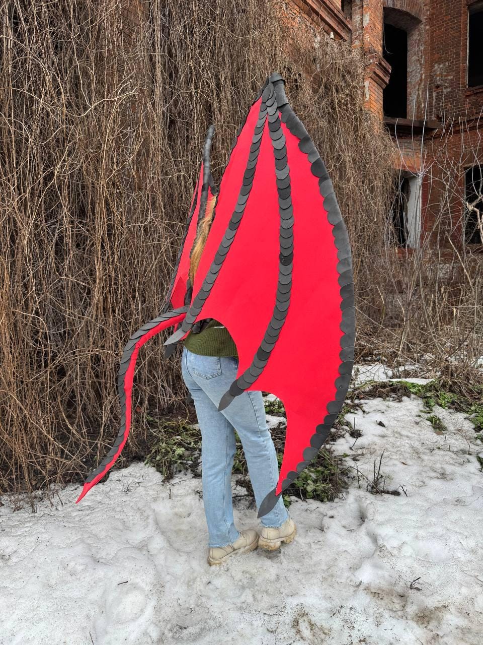 May include: Red and black dragon wings. The wings are a vibrant red with a black trim and accents. The wings are designed to be worn, suggesting a costume or cosplay item. The wings are large and detailed, with a realistic appearance.