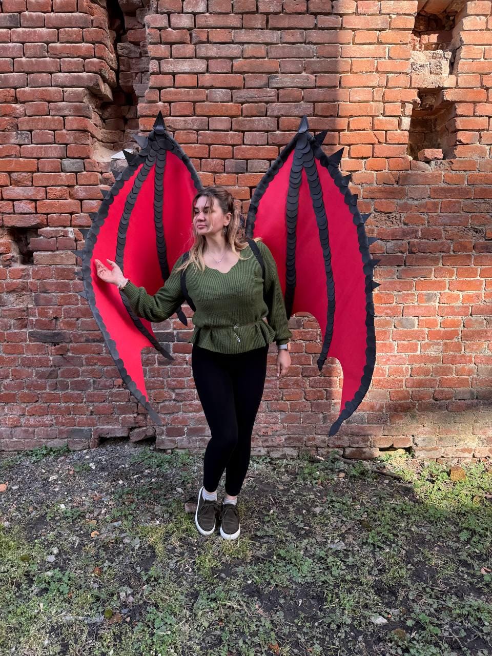 May include: Red and black dragon wings with a spiked trim. The wings are large and spread out, with a red fabric stretched over a black frame. The wings are designed to be worn, suggesting a costume or cosplay item.