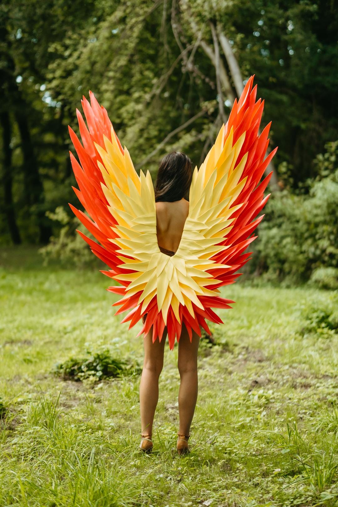 May include: A person wearing vibrant, layered wings in shades of red, yellow, and orange, resembling a bird's plumage. The wings are the focal point, set against a backdrop of green grass and trees.