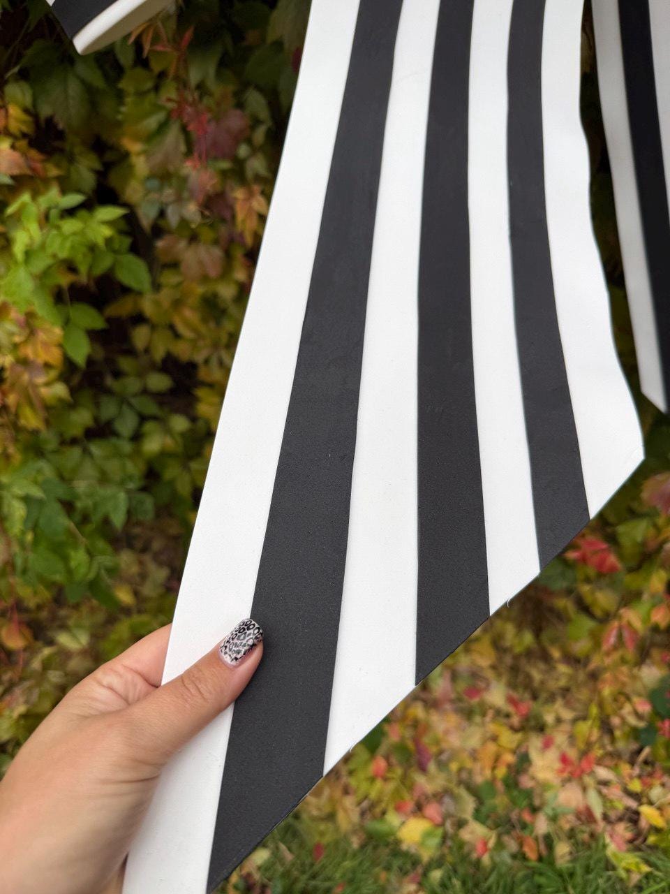 May include: Black and white striped decorative element. The stripes are evenly spaced and run vertically. The item is held against a backdrop of green and brown foliage.