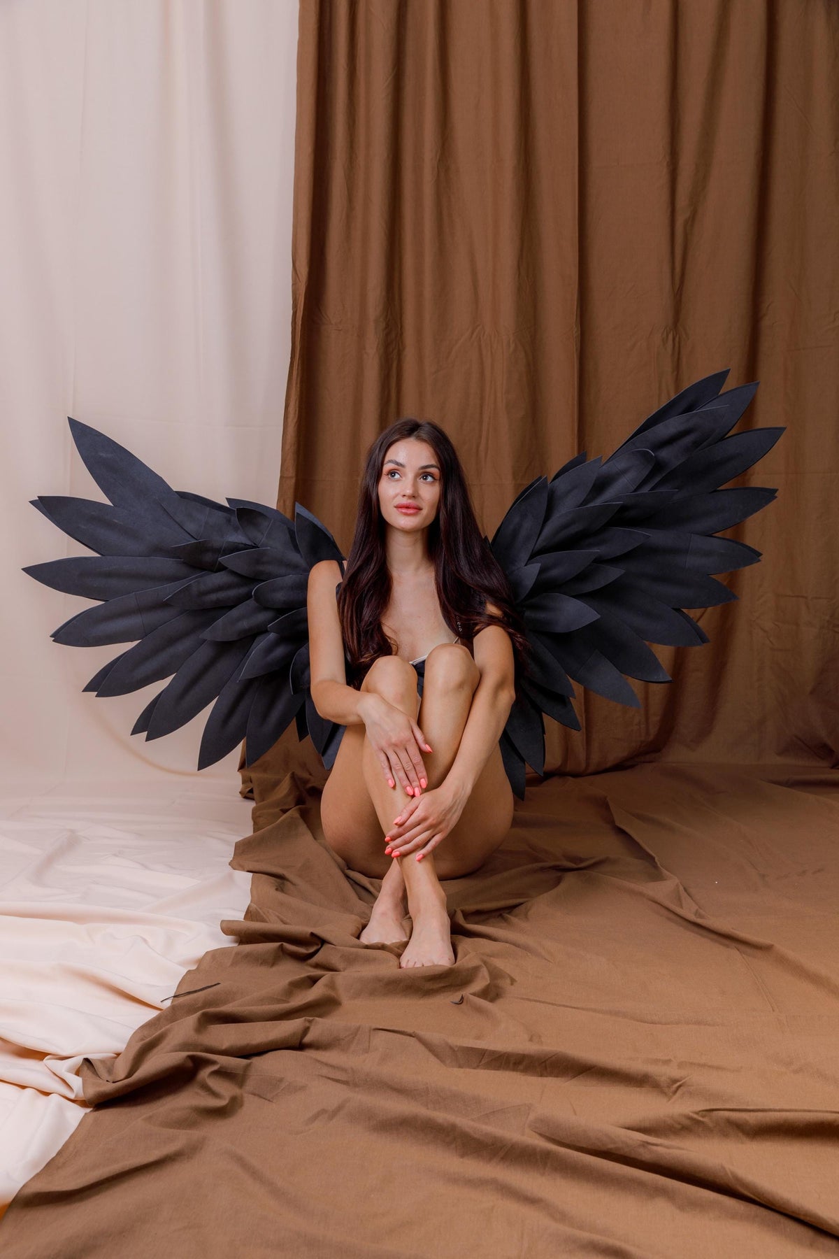 May include: A pair of large, black, feathered wings featuring a layered design with pointed, individual feather-like segments. The wings are structured to extend outward from the center, displaying a matte black finish across the entire surface.