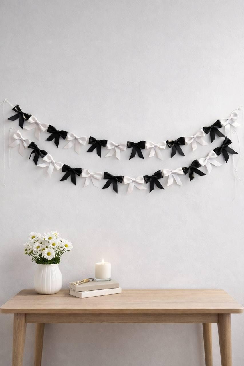 Black White Bow Garland, Bow Banner Decor, Party Garland, Mantel Garland, Outdoor Decor, Festive Home Decoration