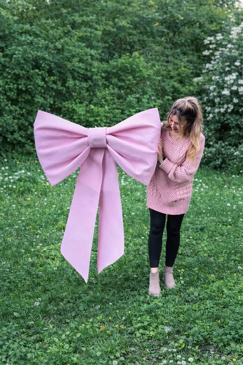 May include: A large, light pink bow with long streamers. The bow is held upright in a grassy outdoor setting. The bow is the focal point, with a woman in a pink sweater and black leggings standing nearby.
