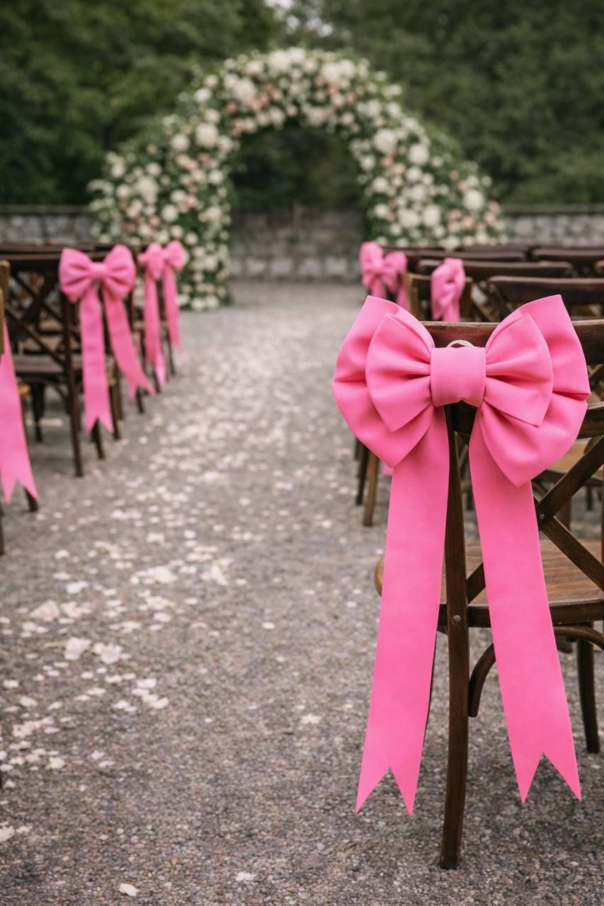 May include: A wedding ceremony setup with wooden chairs adorned with large, bright pink bows. The chairs line a pathway leading to a floral archway, creating a festive and elegant atmosphere for the event.
