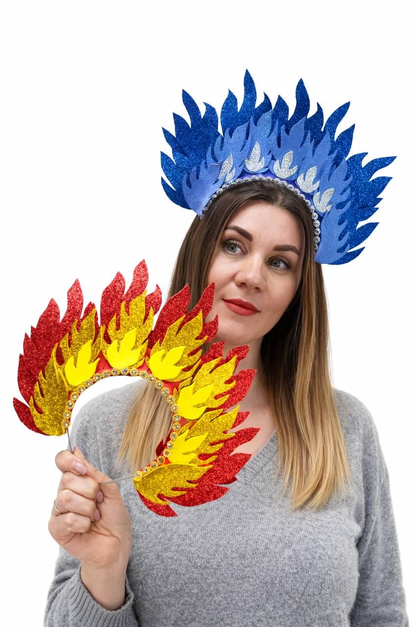 Fire Crown Winter Headpiece, Gold Red Flame Headdress, Christmas Holiday Headband for Costume, Festive Party Accessory image 1