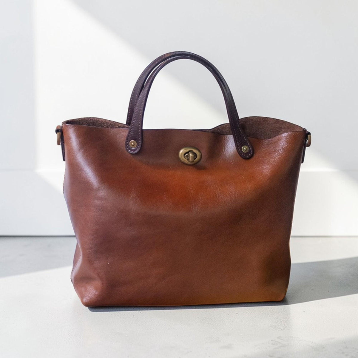 Top Grain Leather Tote Bag Women, Retro Shoulder Handbag with Lock, Genuine Cowhide Purse, Elegant Work Tote, Classic Everyday Bag