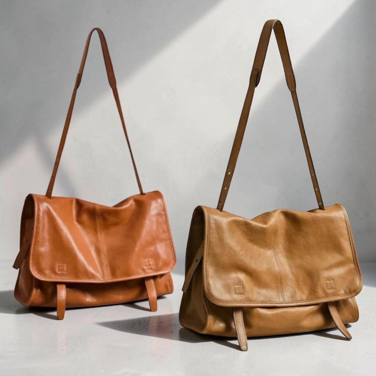 May include: Two leather messenger bags in shades of brown. The bags have long, adjustable straps and flap closures with buckle details. The leather appears soft and slightly wrinkled, giving them a vintage look. The bags are displayed against a neutral background.