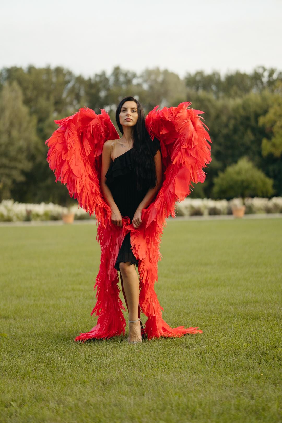 May include: A person wearing a black one-shoulder dress and large red feather wings stands on a grassy field. The wings are a vibrant red and extend from the shoulders to the ground, creating a dramatic effect. The background features trees and a clear sky.