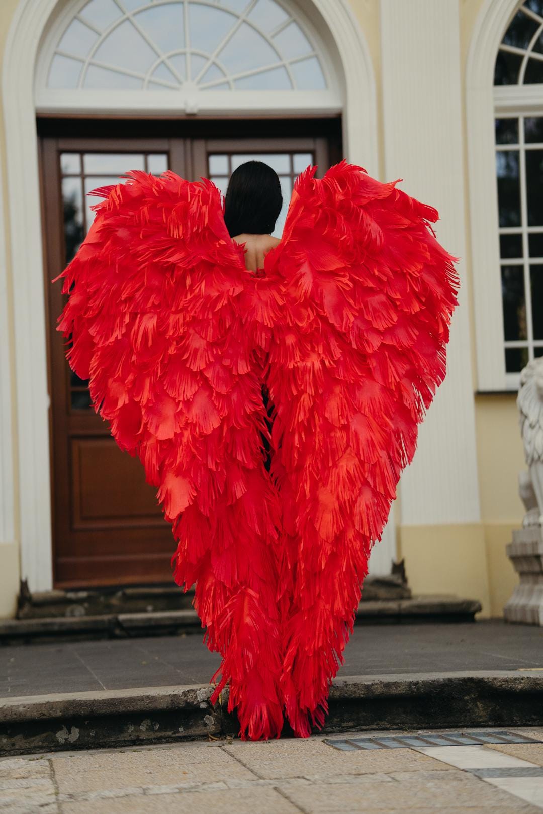 May include: A person wearing large, vibrant red feather angel wings. The wings are the focal point, filling the frame with their texture and color. The background includes a building with a brown door and arched window.