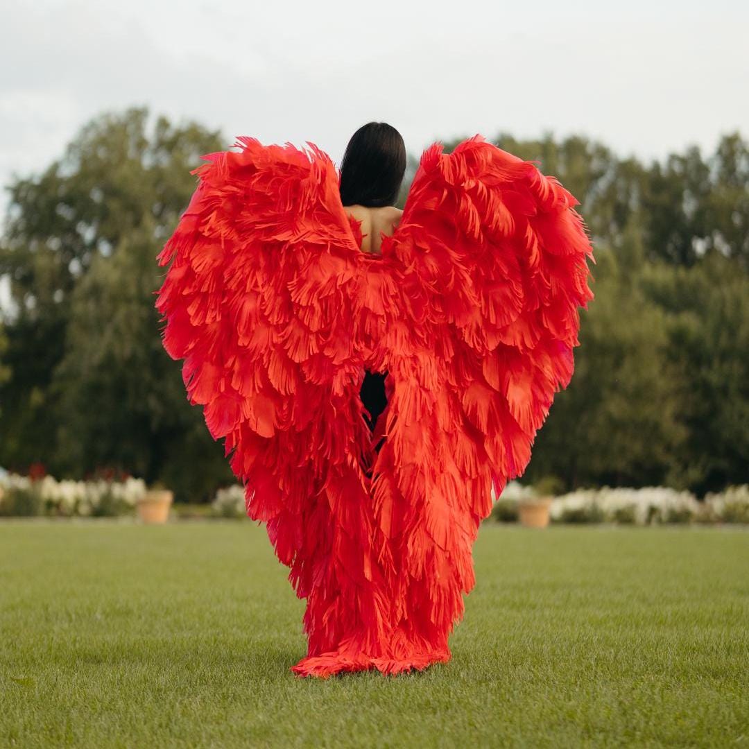 May include: A person wearing a large, vibrant red feather costume, resembling angel wings, stands on a green lawn. The costume covers the person's back and extends to the ground. The background features trees and a cloudy sky.