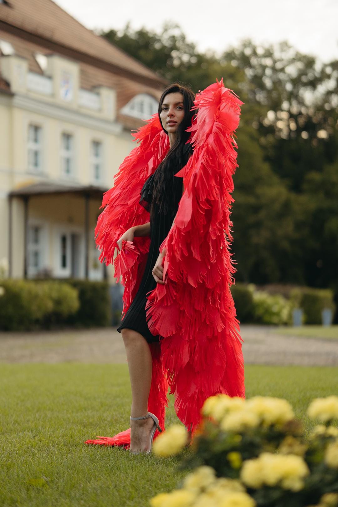 May include: A person wearing a black dress and large, vibrant red feather wings stands on a grassy lawn. The wings are the focal point, with a full, layered design. The background includes a building and trees, with yellow flowers in the foreground.