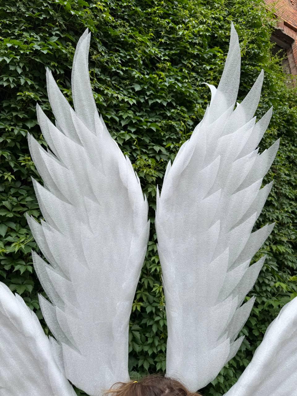 May include: A pair of large, white angel wings with a feathery design. The wings are made of a lightweight material and are displayed against a backdrop of green foliage. The wings are designed to be worn.
