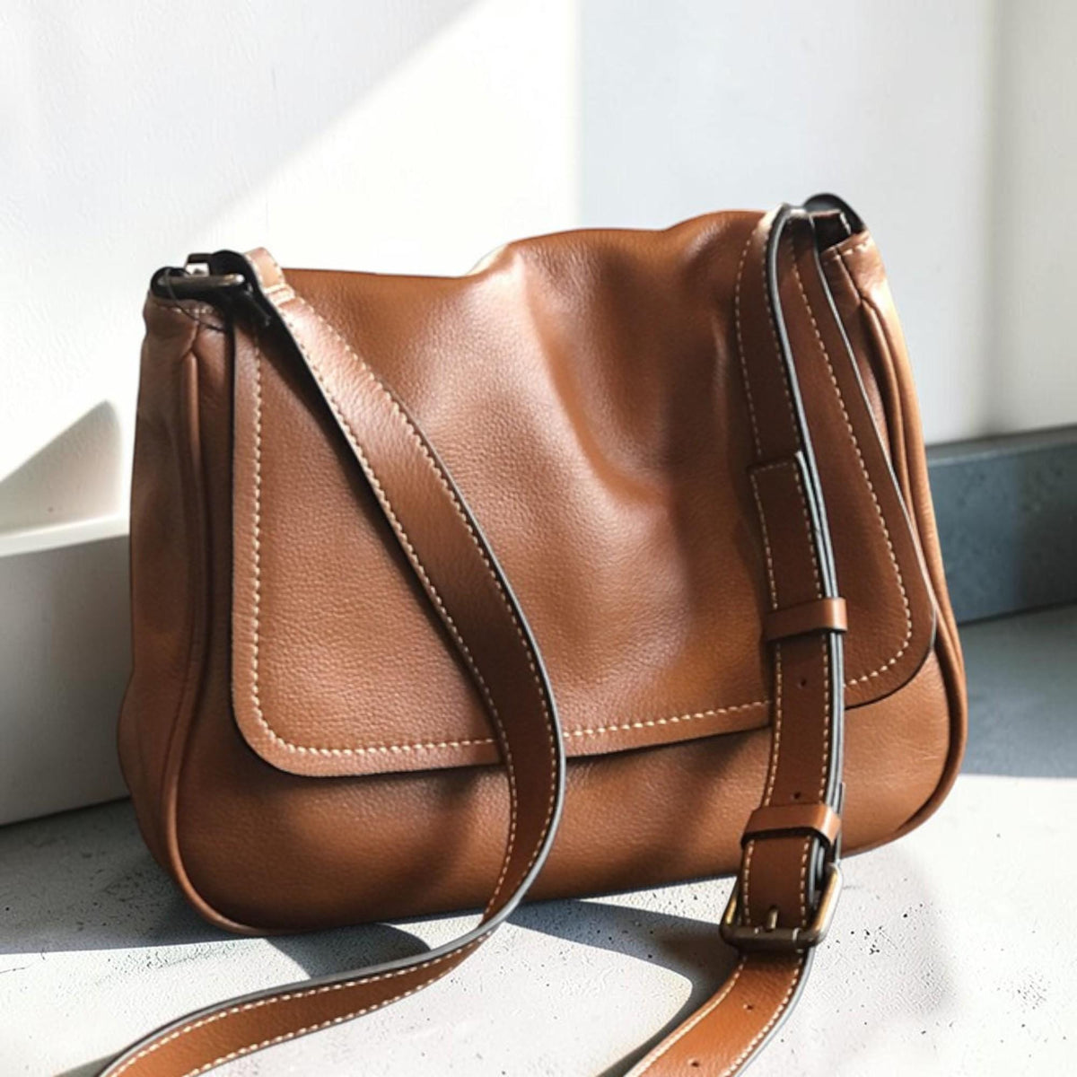 May include: A brown leather crossbody bag with a flap closure and adjustable strap. The bag features white stitching and a metal buckle. The bag is made of a soft, textured leather.