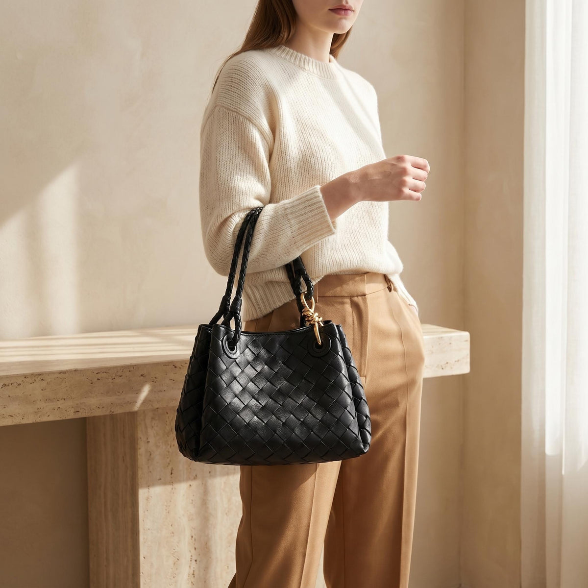 Woven Leather Bucket Bag, Genuine Cowhide Shoulder Purse, Quiet Luxury Crossbody Tote, Minimalist Handmade Handbag, Gift for Her