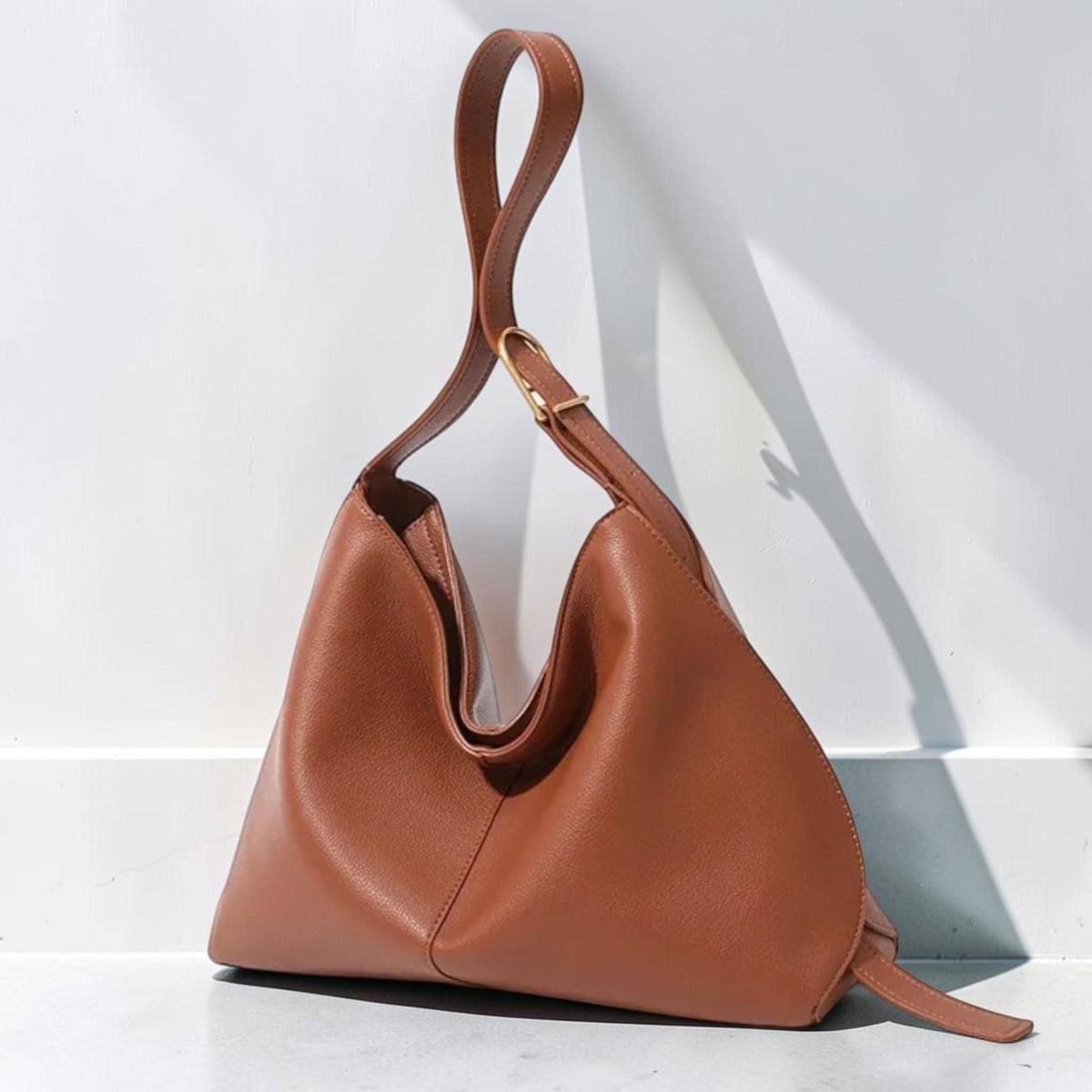 May include: A medium brown hobo bag with a smooth texture, featuring a single adjustable shoulder strap with a gold-toned metal buckle. The bag has a structured, asymmetrical triangular silhouette with a central seam and a flat base.