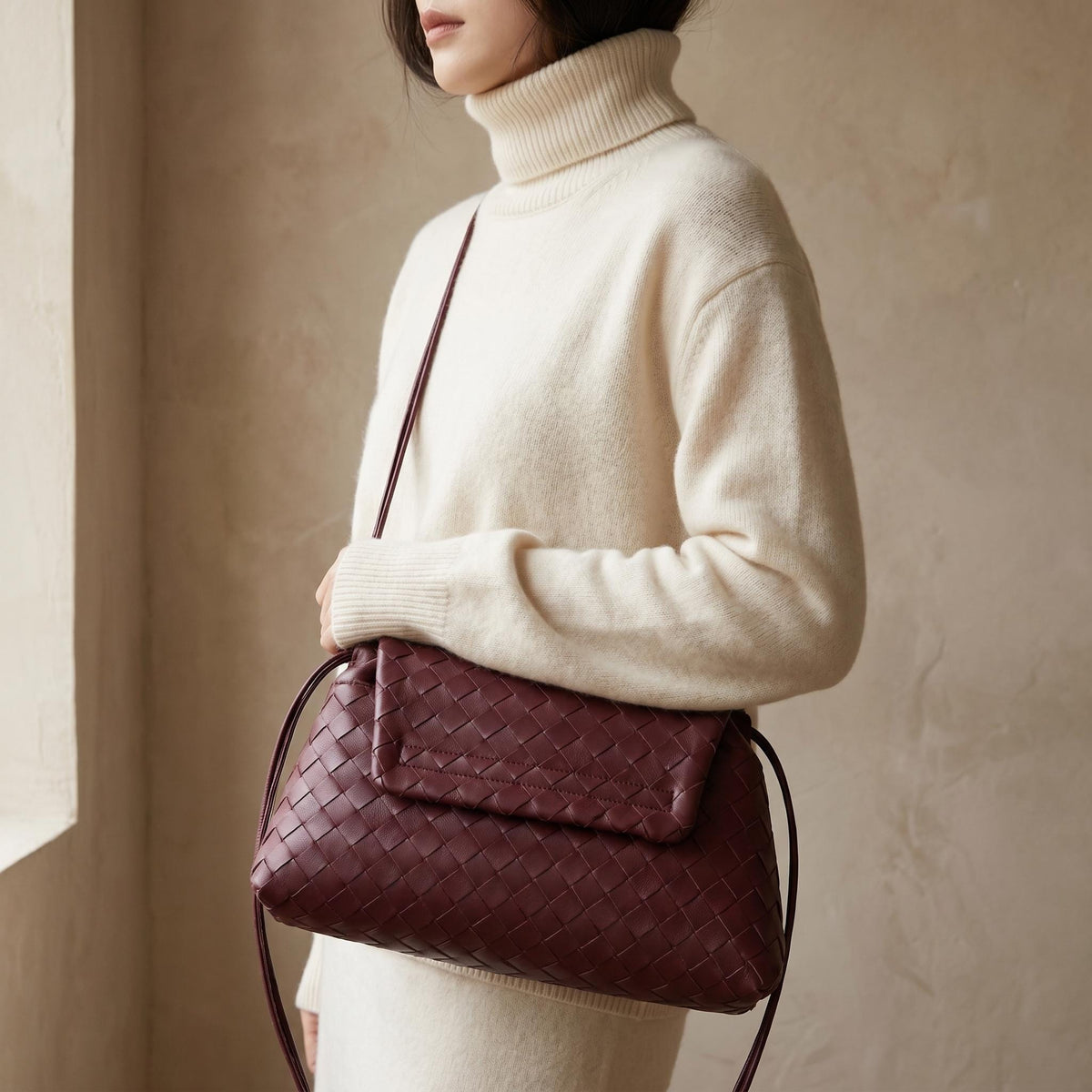 Woven Lambskin Shoulder Bag, Soft Woven Leather Tote, Minimalist Quiet Luxury Handbag, Designer Style Purse, Everyday Bag for Her