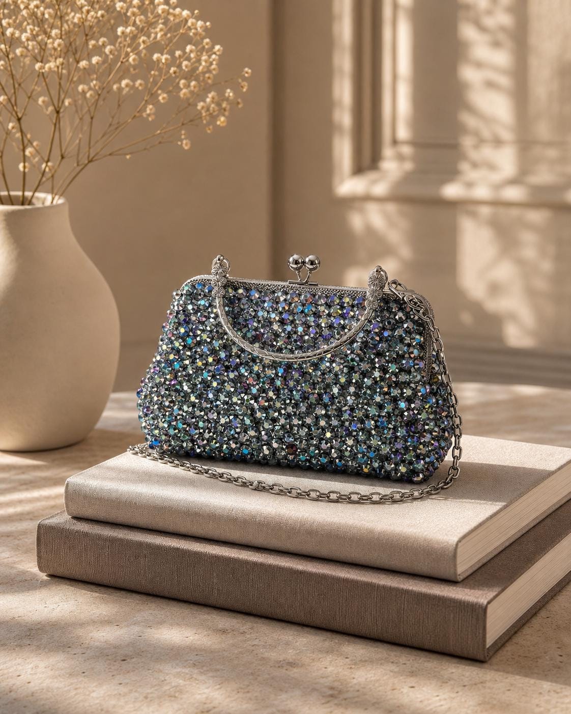 Sparkling Crystal Rhinestone Clutch | Evening Bridal Handbag, Silver Chain Party Purse